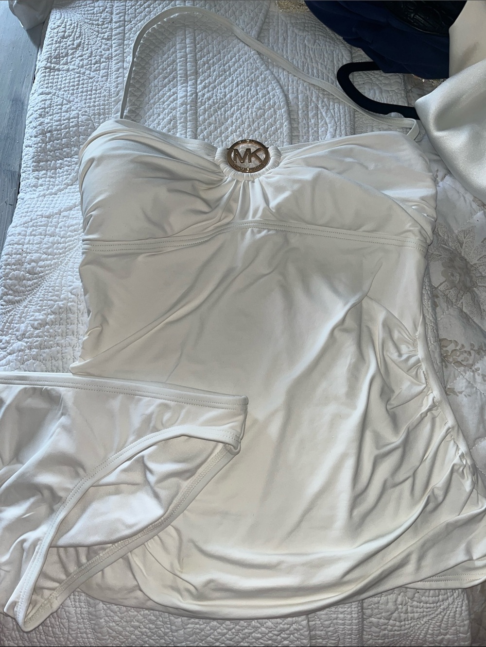 Michael Kors White Strapless Swim tankie and bottoms in off with Gold MK Accent